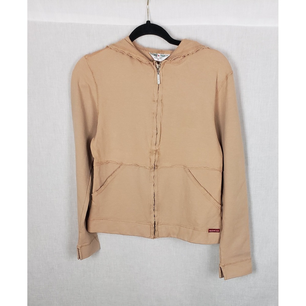 Hard Tail Forever Tan Zip Up Hoodie M Raw Edge Beige Y2K USA Athleisure Earthy